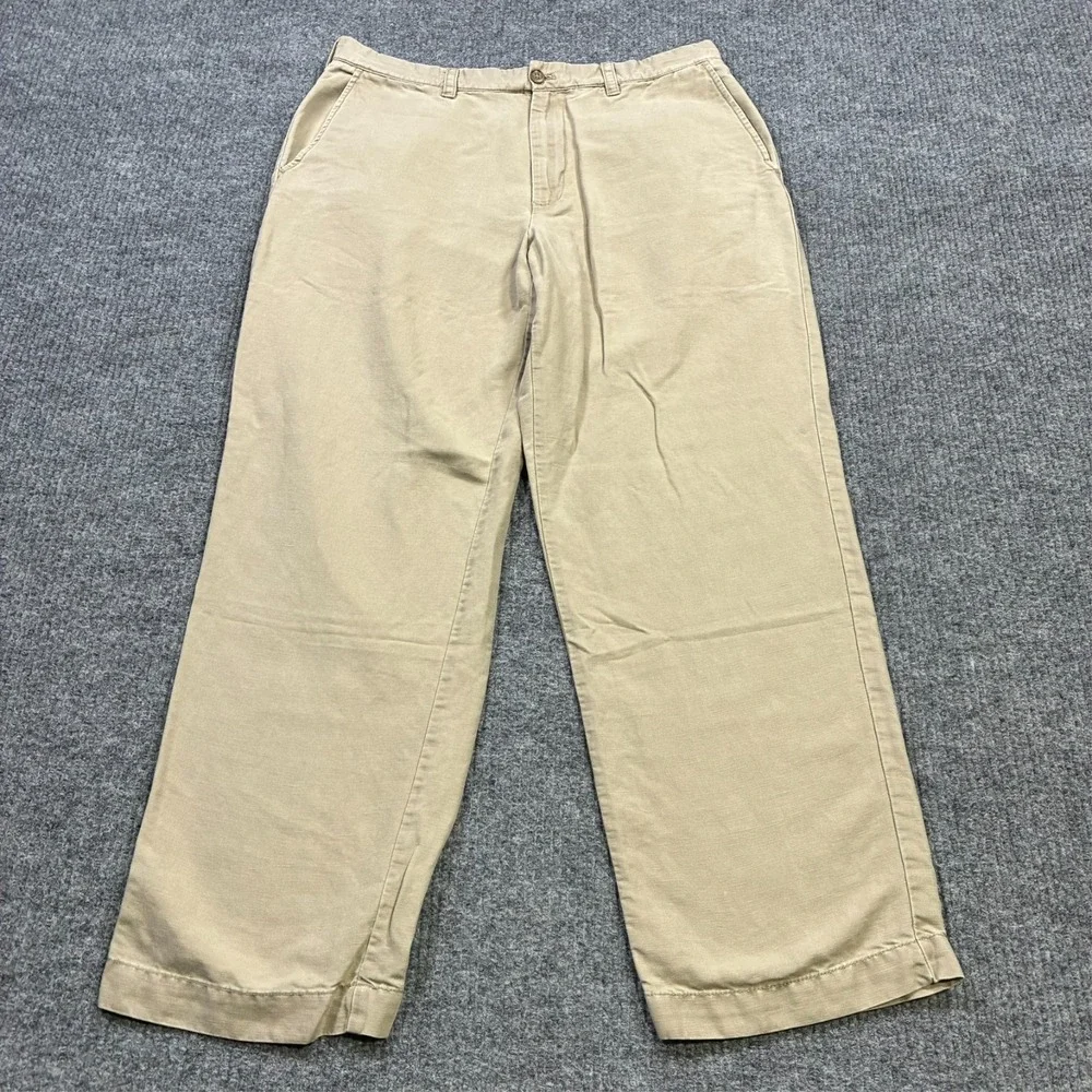 IZOD‎ Mens Chino Pants Size 36x32 Beige Cotton Linen Flat Front High Rise